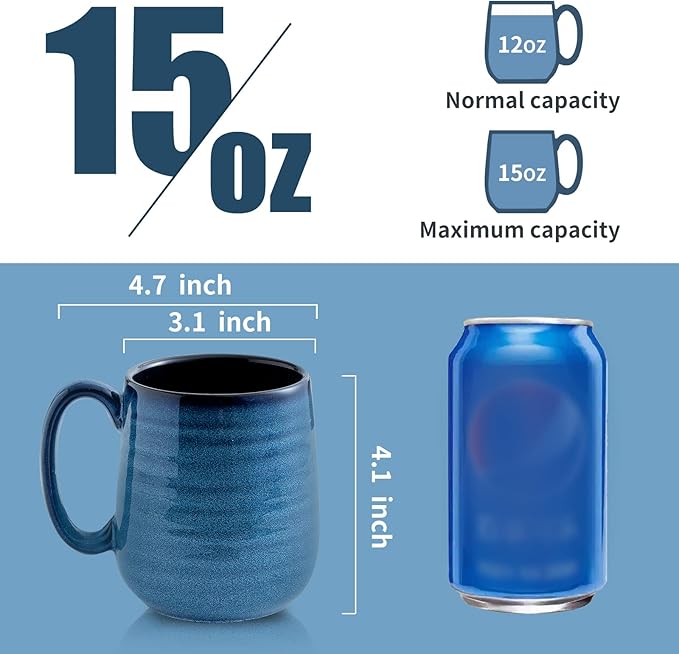 Hasense Porcelain Coffee Mugs Set of 6, 15 Ounce Large Ceramic Coffee Cups Set with Handle for Latte, Tea, Cocoa and Hot Chocolate, Blue Coffee Mugs for Men and Women, Microwave Safe-Ruum Studio Home