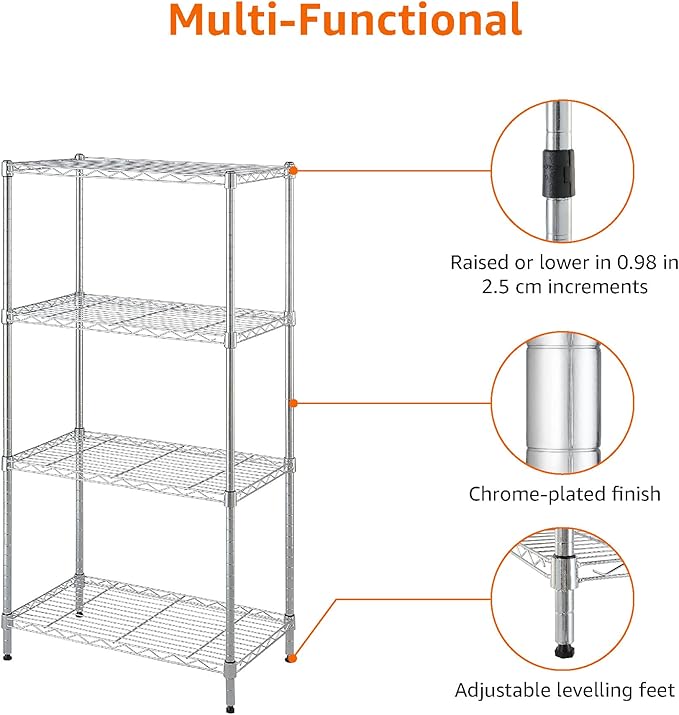 Amazon Basics 4-Shelf Adjustable, Storage Shelving Unit, (200 Pound Loading Capacity per Shelf), Steel Organizer Wire Rack, 13.4"D x 23.2"W x 48"H, Chrome-Ruum Studio Home