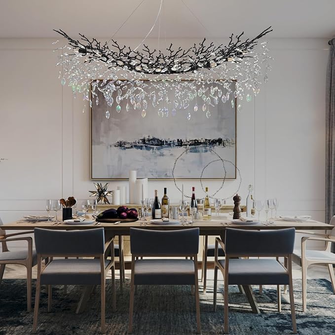 Modern Black Rectangle Crystal Tree Branch Chandelier, 55" 16-Light K9 Crystal Chandeliers for Dining Room, Rectangular Dining Room Chandelier Over Table,for High Ceiling,Kitchen-Ruum Studio Home