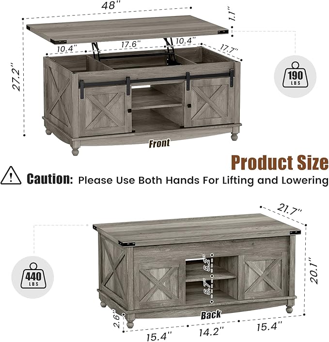 48" Farmhouse Lift Top Coffee Table with Storage Sliding Barn Door & Large Hidden Compartment, Coffee Table with Lifting Top with Wooden Lift Tabletop, Coffee Tables for Living Room, Grey-Ruum Studio Home