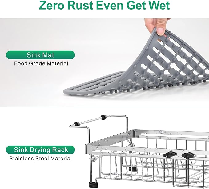 GSlife Expandable Dish Drying Rack - Stainless Steel Capacity Adjustable Over The Sink Rack (10.8''-17.9'') with Sink Mat, Dish Drainer for Kitchen Sink Counter with Utensil Holder, Silver-Ruum Studio Home
