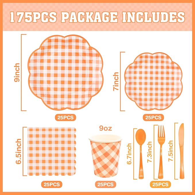 175 Pcs Orange and White Gingham Party Supplies - Orange Gingham Paper Plates and Napkins Sets Serve 25 - Scalloped Checkered Plates for Birthday Picnic Fall Halloween Thanksgivng Party Decorations-Ruum Studio Home