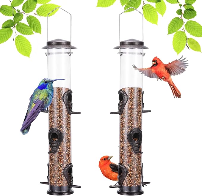 MIXXIDEA 2PK Metal Wild Bird Feeder Squirrel Proof Bird Feeders for Outside Hanging 6 Port Tube Bird Feeder Transparent Finch Feeder with Steel Hanger (Coffee)-Ruum Studio Home