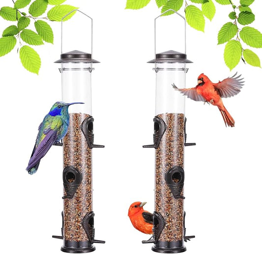 MIXXIDEA 2PK Metal Wild Bird Feeder Squirrel Proof Bird Feeders for Outside Hanging 6 Port Tube Bird Feeder Transparent Finch Feeder with Steel Hanger (Coffee)-Ruum Studio Home