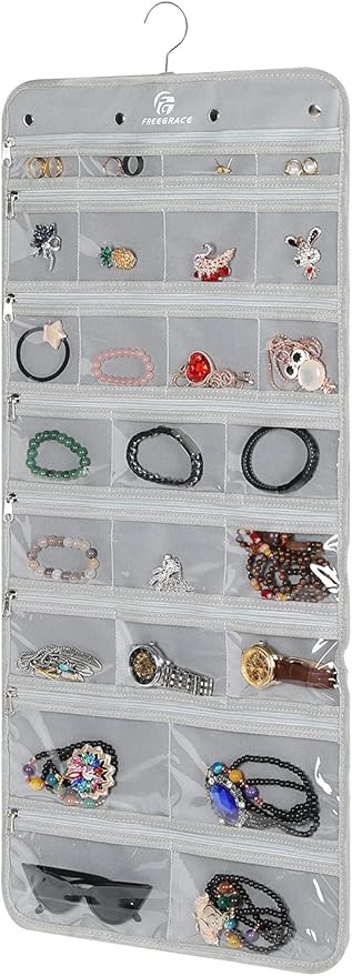 Freegrace Hanging Jewelry Organizer Revolving Hanger - Secure Zipper Closure - 25 Pockets,23 Hooks - Foldable Storage & Display Solution - For All Jewelry & Bijoux (Gray)-Ruum Studio Home