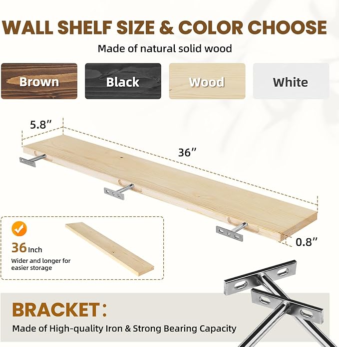 Floating Wall Shelves 2-Pack - 36-Inch Rustic Wooden Shelves for Storage and Décor, Easy Installation for Living Room, Bedroom, and Kitchen-Ruum Studio Home