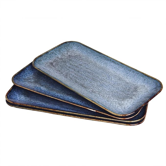 Ceramic Dinner Plates Dish Set,Set of 4, for Lunch snacks - Microwave, Oven & Dishwasher Safe,Scratch Resistant, Dinnerware Kitchen Porcelain Serving Dishes,Blue 12.4 Inch Rectangle plate-Ruum Studio Home