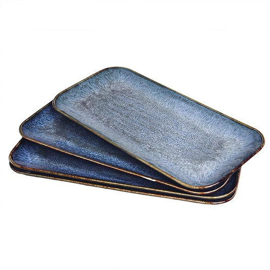 Ceramic Dinner Plates Dish Set,Set of 4, for Lunch snacks - Microwave, Oven & Dishwasher Safe,Scratch Resistant, Dinnerware Kitchen Porcelain Serving Dishes,Blue 12.4 Inch Rectangle plate-Ruum Studio Home