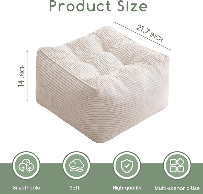 HIGOGOGO Square Stuffed Pouf Ottoman, Corduroy Poufs with Foam Chunk Filling, Furry and Fluffy Pouf Foot Stool Storage Ottoman, 21 X 21 Floor Poufs Foot Rest for Living Room, Beige-Ruum Studio Home