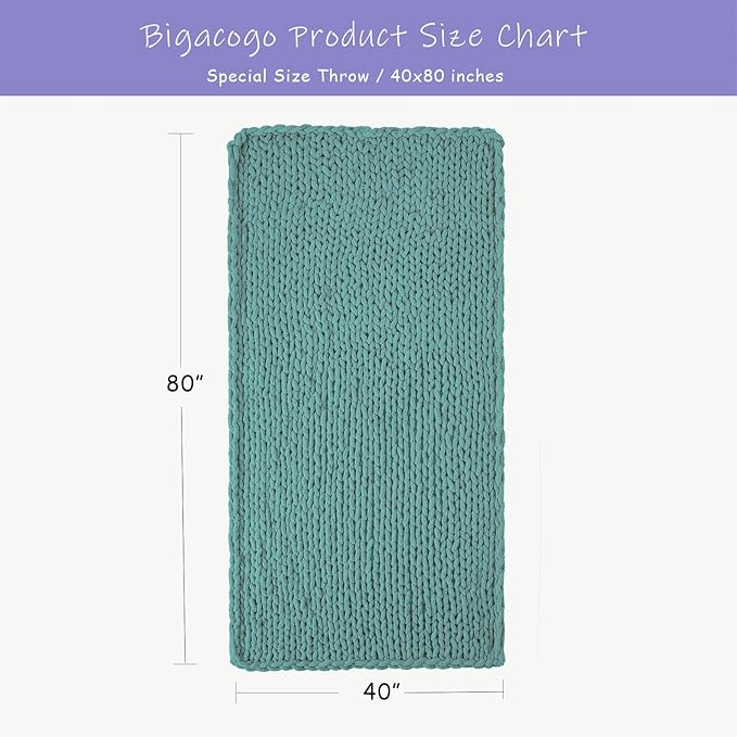 Bigacogo Chunky Knit Throw Blanket for Couch, 40x80 inches, 100% Hand Knitted with Thick Jumbo Chenille Yarn, Cozy Soft Large Rope Knot Cable Crochet Blankets for Sofa Bed Living Room, Light Teal-Ruum Studio Home