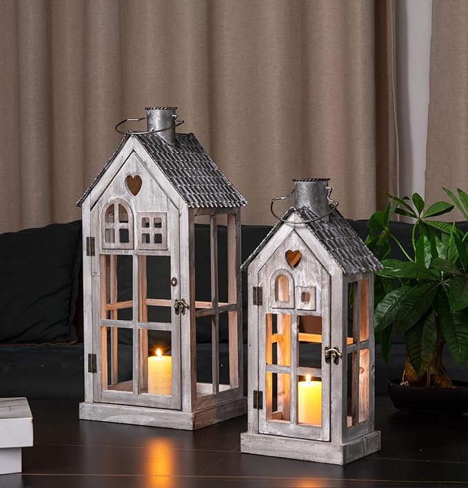 Large Farmhouse Wooden Metal Candle Lantern Set of 2, Rustic Decorative Floor Lanterns, Indoor/Outdoor Village Houses Lantern for Home Decor (No Glass)-Ruum Studio Home