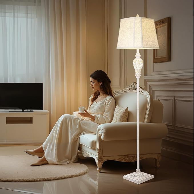 Floor Lamp for Living Room, Vintage Standing Lamp with Nightlight, 65" Tall Lamp with White Linen Shade, Farmhouse Rustic Floor Lamp for Bedroom, Office, Corner (LED Bulb Included)-Ruum Studio Home