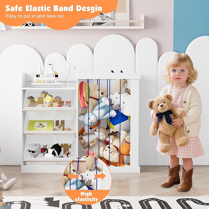 Kids Toy Storage Organizer with 3 Removable Plastic Bins Toddler Montessori Bookshelf with Stuffed Animal Net Holder Baby Bookcase Plush Organizer for Playroom,Bedroom,Kids Room,Classroom,Nursery-Ruum Studio Home
