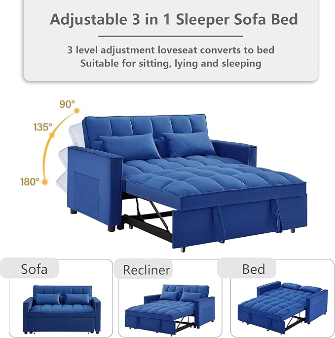 3 in 1 Convertible Sleeper Sofa Bed,Futon Loveseat Couch with Pull-Out Bed & Adjustable Backrest,Velvet Fabric Sofa with Side Pocket for Small Apartment, Living Room, Office (Blue)-Ruum Studio Home