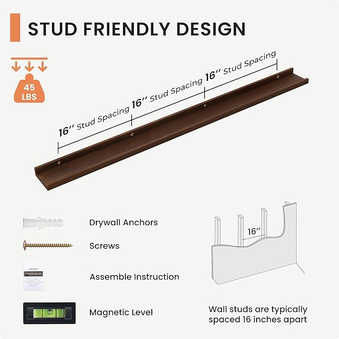 Solid Ash Wood Picture Ledge Shelf, Floating Shelves Set of 2, 56 Inch Long Large Ledge Shelves, Nursery Book Shelves Wall Mounted for Living Room Bedroom Kitchen Decor Kids Bookshelf, Walnut-Ruum Studio Home
