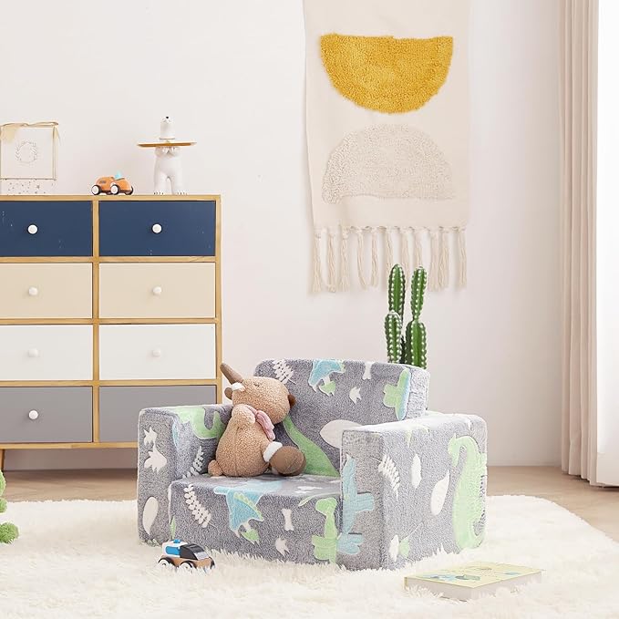 Toddler Chair Kids Couch, 2-in-1 Toddler Soft Sherpa Couch Fold Out Armchair with Removable Cover, Convertible Reading Chair Toddler Sofa for Kids, Glow in The Dark Plush Grey Dinosaur-Ruum Studio Home