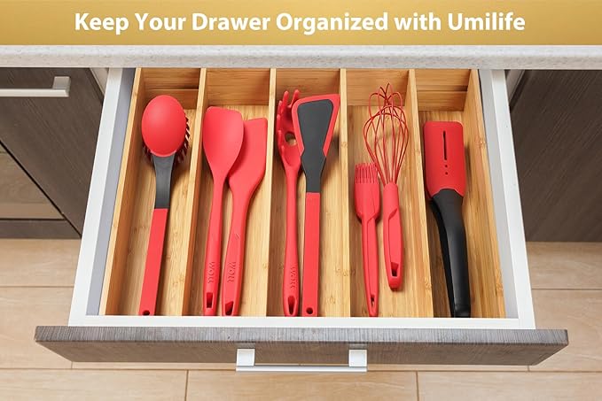 Umilife Expandable Kitchen Drawer Organizer, 2.5" High Bamboo Utensils Silverware Tray, Adjustable Large Deep Wood Organization Holder-Ruum Studio Home