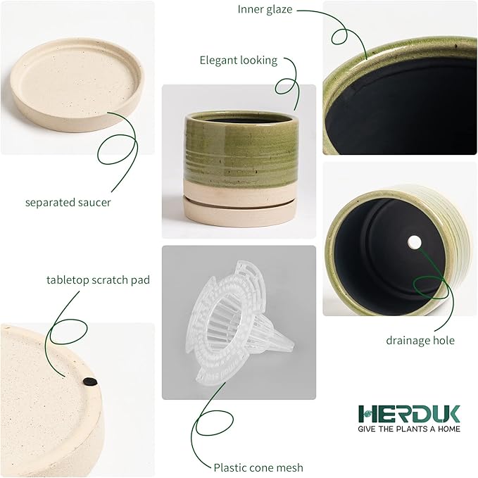 6 Inch Plant Pots, Ceramic Planter Pot with Drainage Hole & Saucer, Indoor/Outdoor Cylinder Round Planter Pot, Green & Beige-Ruum Studio Home