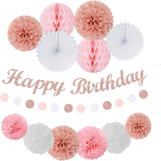 Light-Pink Rose-Gold Birthday Garland Party-Decorations - 14pcs Happy Banner Women Paper Flowers Lanterns Tissue Pom Poms,Streamers Fans Honeycomb Girls Adult Women Kids Hanging Supplies Decor Hugfond-Ruum Studio Home