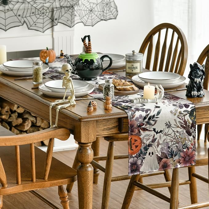 Artoid Mode Jack-O'-Lantern Pumpkin Floral Ghost Halloween Table Runner, Eucalyptus Kitchen Dining Table Decoration for Home Party Decor 13x36 Inch-Ruum Studio Home