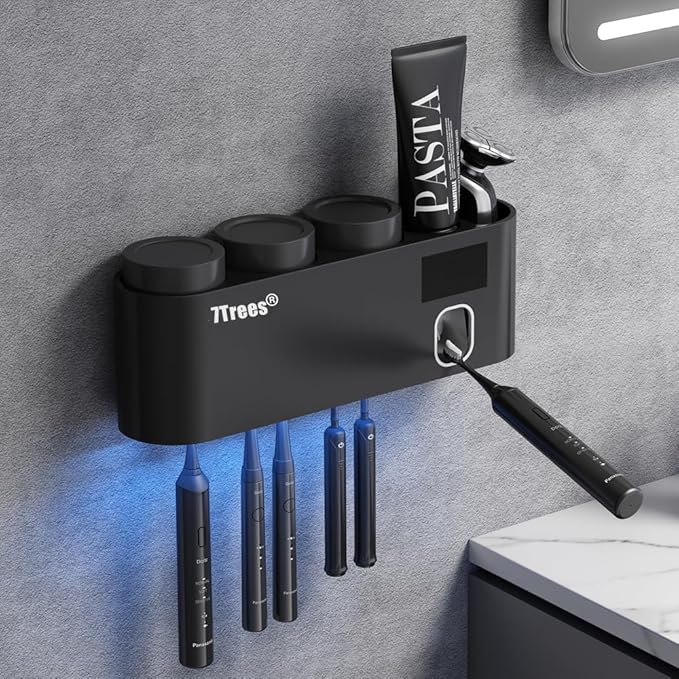 Toothbrush Sanitizer, Self Adhesive Toothbrush Holder with 3 Cups, Automatic Toothpaste Squeezer Dispenser Bathroom Accessories Set (Black)-Ruum Studio Home
