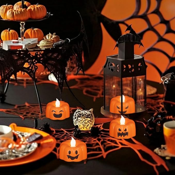 Wondise Halloween Flameless Candles, Pumpkin Battery Operated Candles with Timer, LED Flickering Votive Tealight Spooky Candles for Halloween Decorations Indoor (6 Pack, 1.9" x 1.6")-Ruum Studio Home