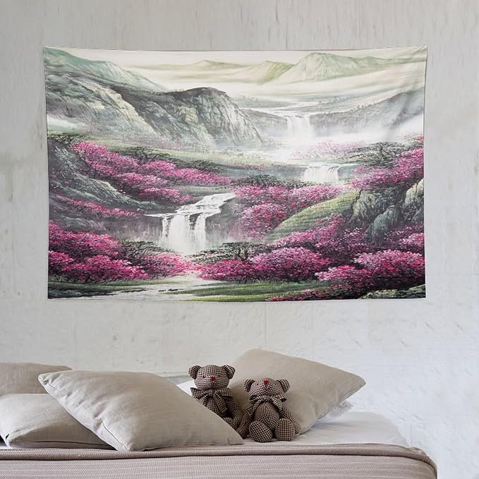 Japanese Tapestry, Red Plum Blossom Mountain Tapestry, Asian Japanese Wall Tapestry, Nature Landscape Tapestries for Bedroom Living Room Decor 60"x40"-Ruum Studio Home