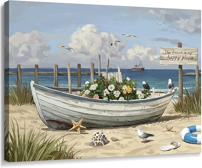 amatop Coastal Wall Art– Beach Scene Picture with Boat on Sandy Shore, Flowers and Sea Birds, Blue Ocean Seascape Themed Canvas Print Nautical Artwork for Bathroom and Bedroom Decor, Small 16x12 Inch-Ruum Studio Home