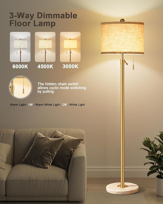 Modern Gold Floor Lamp for Living Room - Adjustable Height Standing Lamp with Marble Base & Linen Shade, 3-Way Dimmable Tall Floor Light for Bedroom, Reading, Bulb Included-Ruum Studio Home