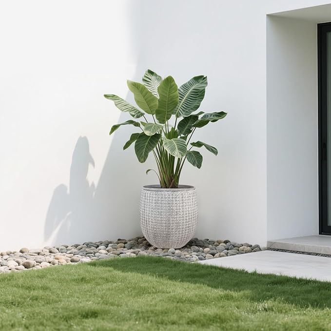 Worth Garden 12" Dia x 15" H Grey Round Planter – Lightweight Magnesium Oxide Cement Plant Pot with Texture – Raised Pattern Concrete Look – Drainage Hole – Indoor & Outdoor Use-Ruum Studio Home
