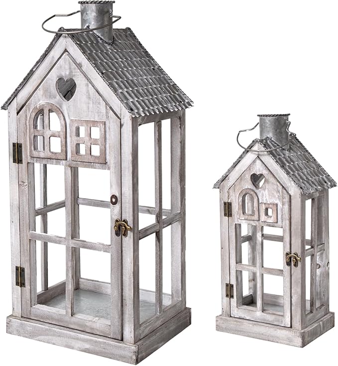Large Farmhouse Wooden Metal Candle Lantern Set of 2, Rustic Decorative Floor Lanterns, Indoor/Outdoor Village Houses Lantern for Home Decor (No Glass)-Ruum Studio Home