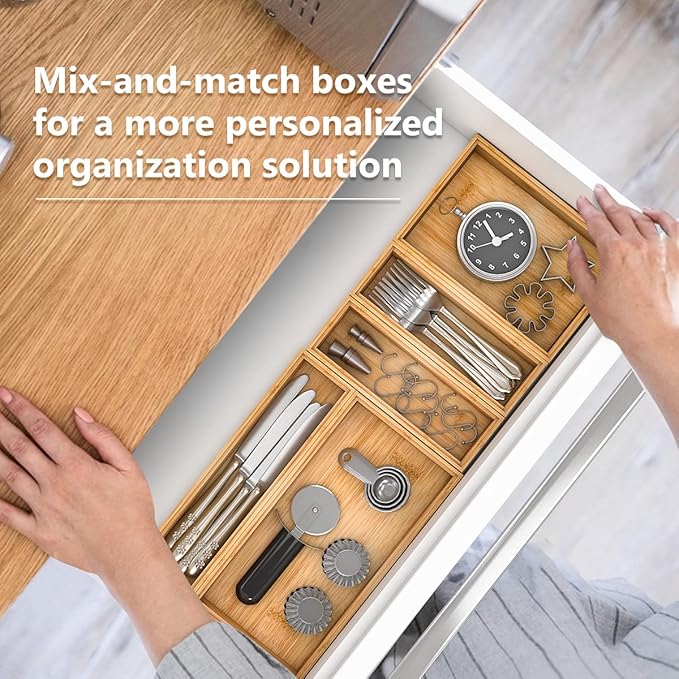 Bamboo Kitchen Drawer Organizer,Stackable Silverware Tray Utensil Organizer Cutlery Holder for Kitchen,Wooden Storage Box for Bathroom, Multi-Use Storage Bins Dividers for Office(9x3x2.5 inch)-Ruum Studio Home