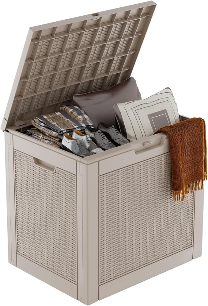 DRATO 31 Gallon Deck Box, Outdoor Storage Box for Patio Cushion, Sports Equipment, Garden Tools, Waterproof Resin Storage Box (Light Brown)-Ruum Studio Home