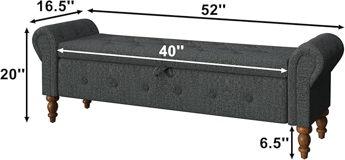 Storage Ottoman Bench for Bedroom, Linen 52" End of Bed Bench with Rolled Arms Upholstered Ottoman Bench Fit for Bedroom, Living Room, Entryway, Dark Gray-Ruum Studio Home