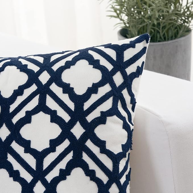 HWY 50 Dark Blue Decorative Throw Pillow Covers 18x18 Inch, Pack of 2 Embroidered Cotton Farmhouse Cushion Cover Pillow Case for Sofa Couch Living Room Bed Bedroon, Trellis-Ruum Studio Home