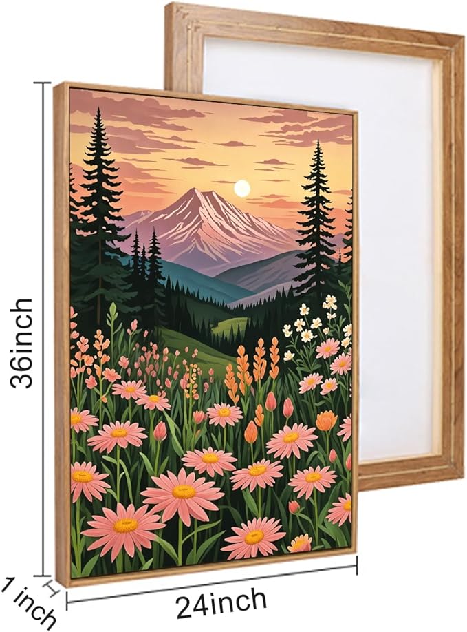 HPINUB Mountain Sunset Floral Framed Canvas Wall Art Set,Colorful Wildflower Daisy Flower Wall Decor,Boho Blossom Botanical Artwork Modern Nature Landscape Art Print for Living Room,Bedroom-24 x36 x3-Ruum Studio Home