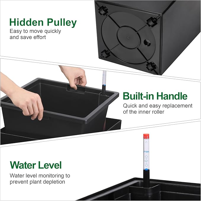 30" Tall Planters Set of 2, Outdoor＆Indoor Black Planter Pots, High Front Porch Planter Pots with Drainage Holes＆Water Level Monitor Movable Wheels ＆Inner Bucket, Automatic Watering,Black-Ruum Studio Home