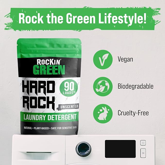 Rockin' Green Hard Rock Laundry Detergent for Hard Water (90 Loads), Plant based, Natural Laundry Detergent Powder, Biodegradable Odor Fighter, Safe for Sensitive Skin, 45 oz (Unscented)-Ruum Studio Home