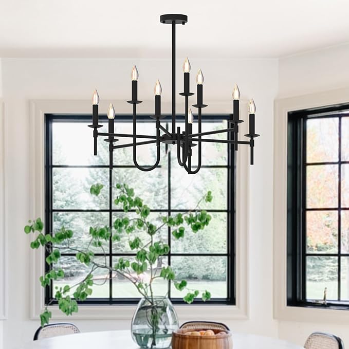 Farmhouse Black Chandelier, Modern Candle Hanging Lamp, Round LED Ceiling Pendant Lights for Kitchen Island Living Room Bedroom Dining Room (Black-B 9Lights)-Ruum Studio Home