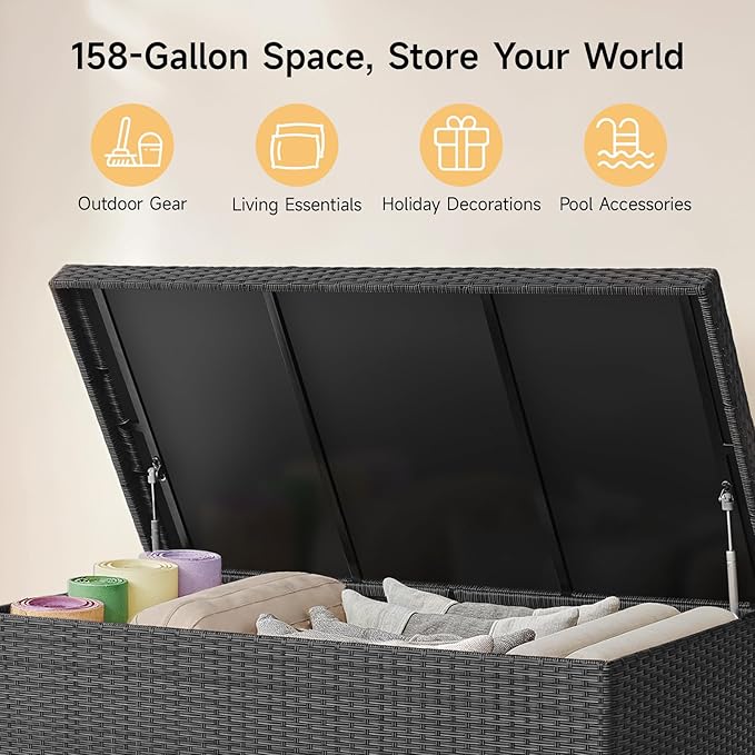 158 Gallon XL Deck Box with Lid, All Weather Wicker Outdoor Storage Box Waterproof, Large Outdoor Patio Storage Bin for Cushions, Garden Tools, Gears, Pool Accessories, Black-Ruum Studio Home