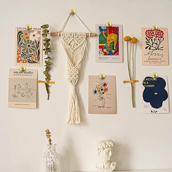 KURUI 60-Pack Metal Push Pins for Wall Hanging Decor, Renter Friendly Hooks for Bedroom Office Gallery Dorm Home, Double Headed Thumb Tacks for Tapestry/Canvas/ Picture Frame/Art, Gold Picture Hangers-Ruum Studio Home