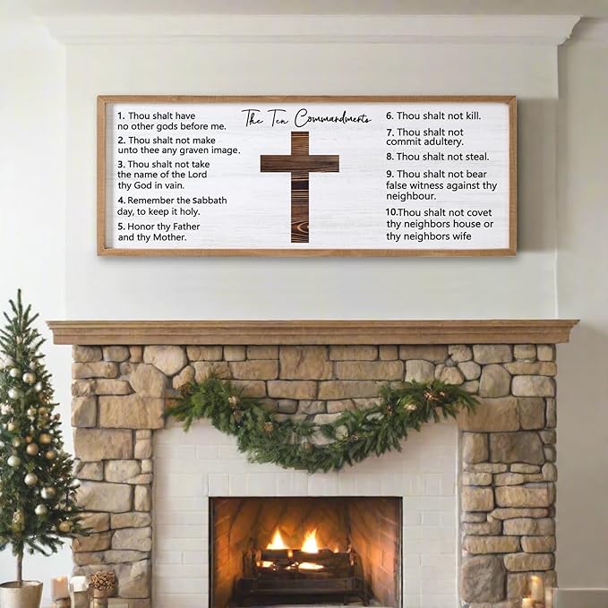 Ten Commandments Rustic Bible Verse Framed Wall Art 40" x 15" Natural Religious Christian Slogan Representing God Jesus Christ Prayer Vintage Holy Inspirational Catholic Scripture Decor-Ruum Studio Home