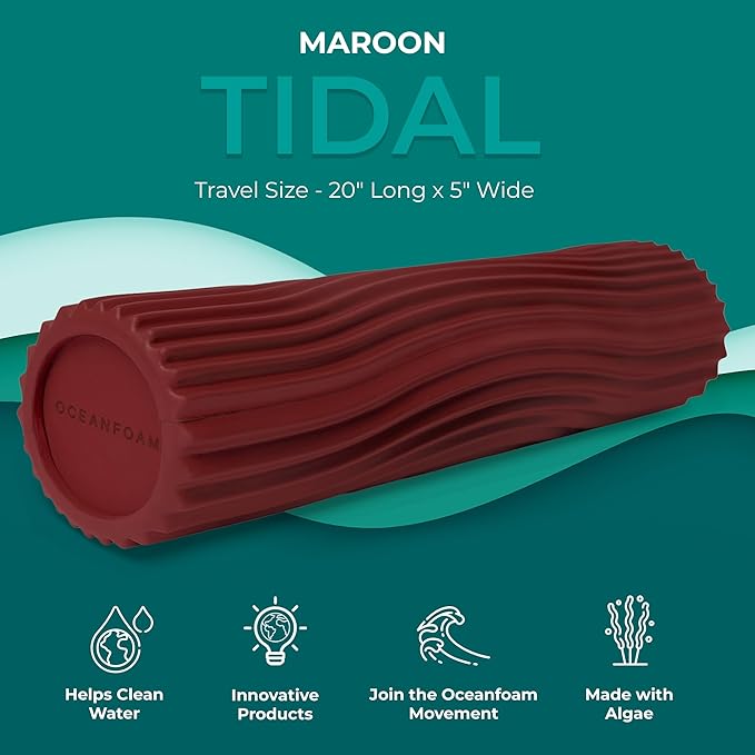 Oceanfoam Tidal Roller - Maroon - Muscle Massage Foam Roller for Back Pain & Stretching - Firm and Ergonomic Wide Wave Textured - Yoga, Athletics, & Wellness - Full Size, 20" x 5"-Ruum Studio Home