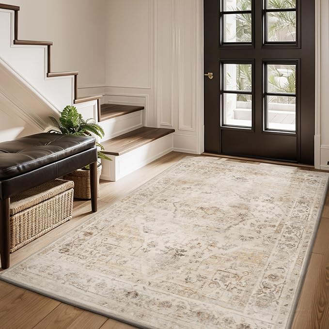 AMOAMI-3X5 Area Rug-Soft Washable Vintage Throw Accent Rugs for Living Room, Entryway, Bedroom, Kitchen, Bathroom, Laundry Room, Kitchen, Bathroom, Bedside, No Slip Beige-Ruum Studio Home