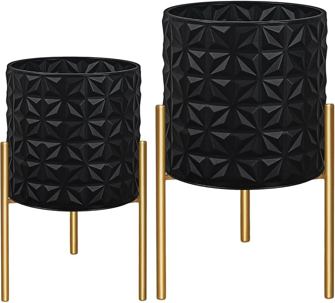 ARNIS Modern Planter Pots, Set of 2 Large Planters with Stand, Decorative Planters, Metal Pots with Drainage Holes for Living Room, Office, Garden or Balcony, 10.5 &12.25 Inch, Matte Black-Ruum Studio Home