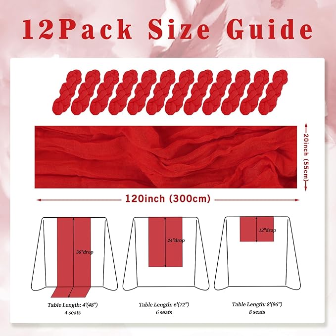12 Pack Red 10FT Cheesecloth Table Runner Rustic Gauze Fabric Cheese Cloth Table Runner for Wedding Bridal Baby Shower Table Decor Boho Sheer Birthday Party Table Decorations 20 x 120 Inch Long-Ruum Studio Home