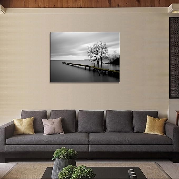 DZL Art S74981 Canvas Prints Modern Minimalist Black and White Lake Trees Landscape Wall Art Painting for Living Room Bedroom Decor Office Wall Decor Home Decoration-Ruum Studio Home