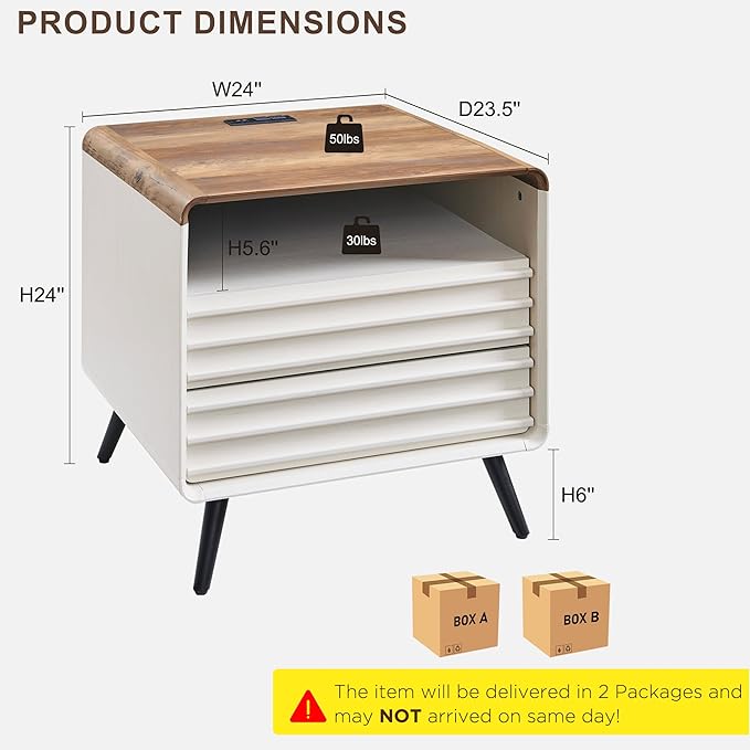 RedLemon 24" Nightstand Set of 2 with Charger Station, Mid Century Modern Fluted End Table with 2 Drawers，Wooden Side Table with Open Cubby Storage for Living Room, Bedroom, Office (Antuique White)-Ruum Studio Home