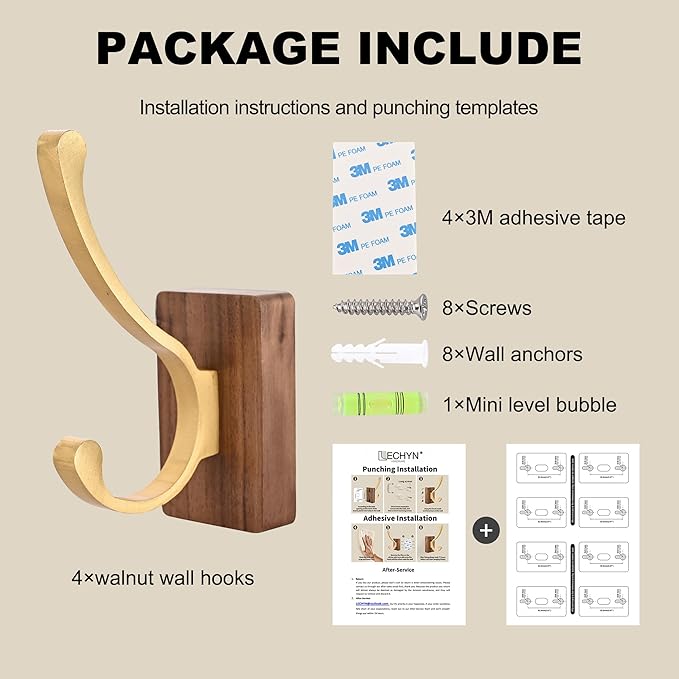 4 Pack Wooden Wall Hooks for Hanging, Adhesive Mounted & Wall Mount Nature Wood Coat Hook for Towel Clothes Blanket Hat Backpack Robe Nursery Door Board Entryway Key Holder Brushed Gold-Ruum Studio Home