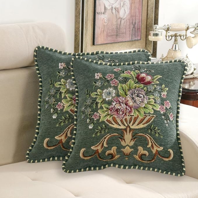 Set of 2 Spring Chenille Vintage Green Throw Pillows Covers 18x18in Sofa Couch Pillows for Living Room Floral Embroidered Cushion Cover for Bed Chairs Car-Ruum Studio Home